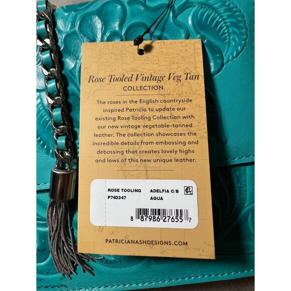 Patricia Nash Aqua Leather Rose Tooled Crossbody Bag With Chain Strap & Tassel - Picture 6 of 16